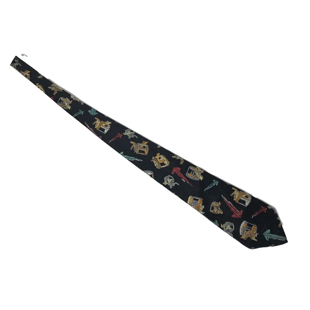 Fishing Silk Neck Tie USA Navy Blue Lures and Reels Red Tan Vintage Outdoors